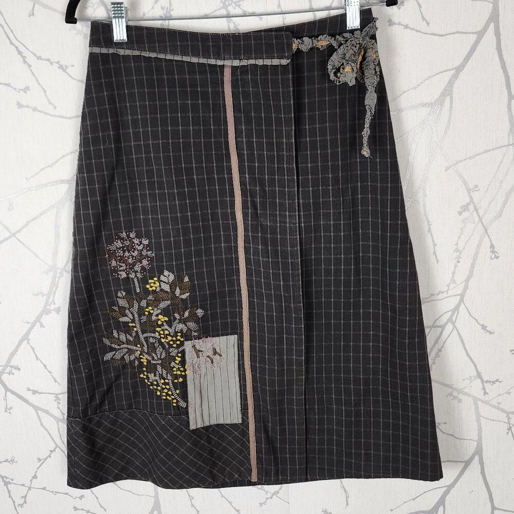 Solola Black Windowpane Checks Floral Embroidered Faux Wrap Skirt